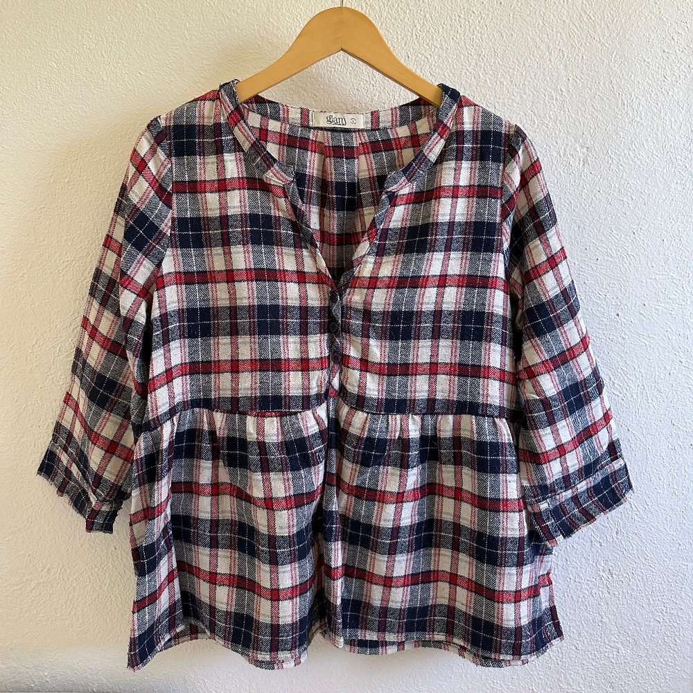 Plaid 3/4 Sleeve Peplum Sweater